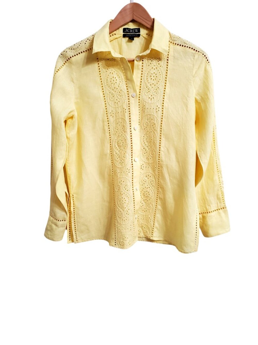 J.Crew Garçon Classic Shirt 6 Eyelet Linen Yellow Button Front Long Sleeve CA602